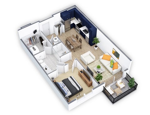 Floor plan for 1 bed, 1 bath, 737 sqft